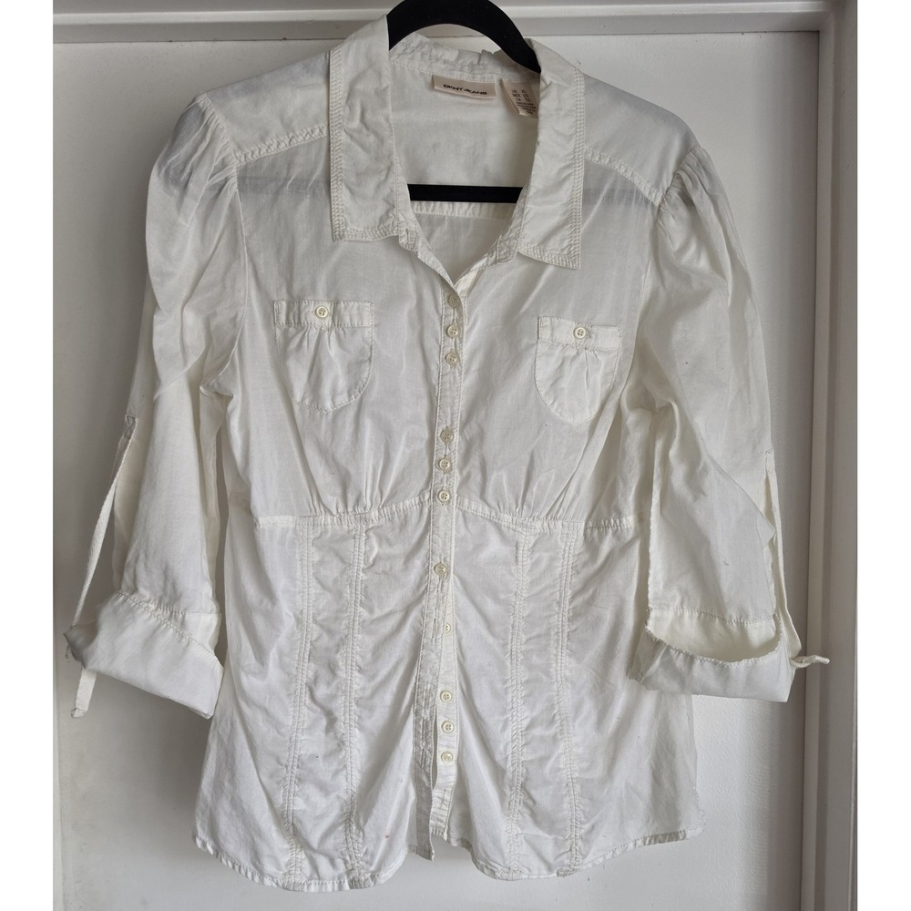 DKNY Jeans Women XL White 100% Cotton Long Sleeve Collared Button-Up Shirt VTG
